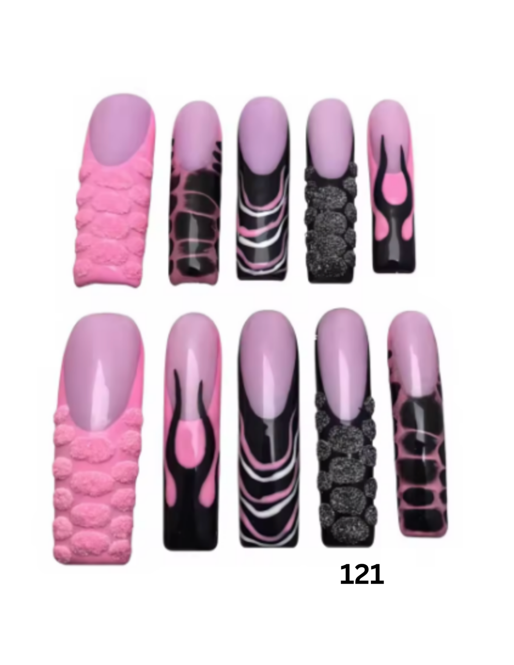 Ten false press-on nails, featuring a light pink base with various designs including textured pink scales, black and pink swirls, and black glittery scales. 