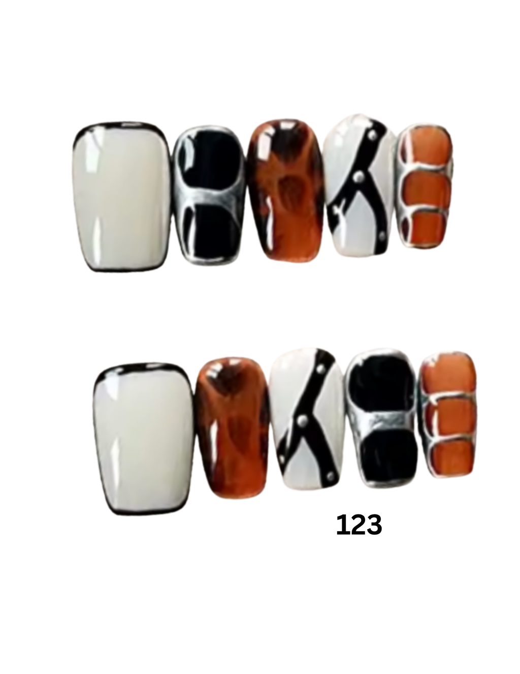 Press-on nails shown include glossy white, black, orange-brown, and white-and-black geometric patterns.