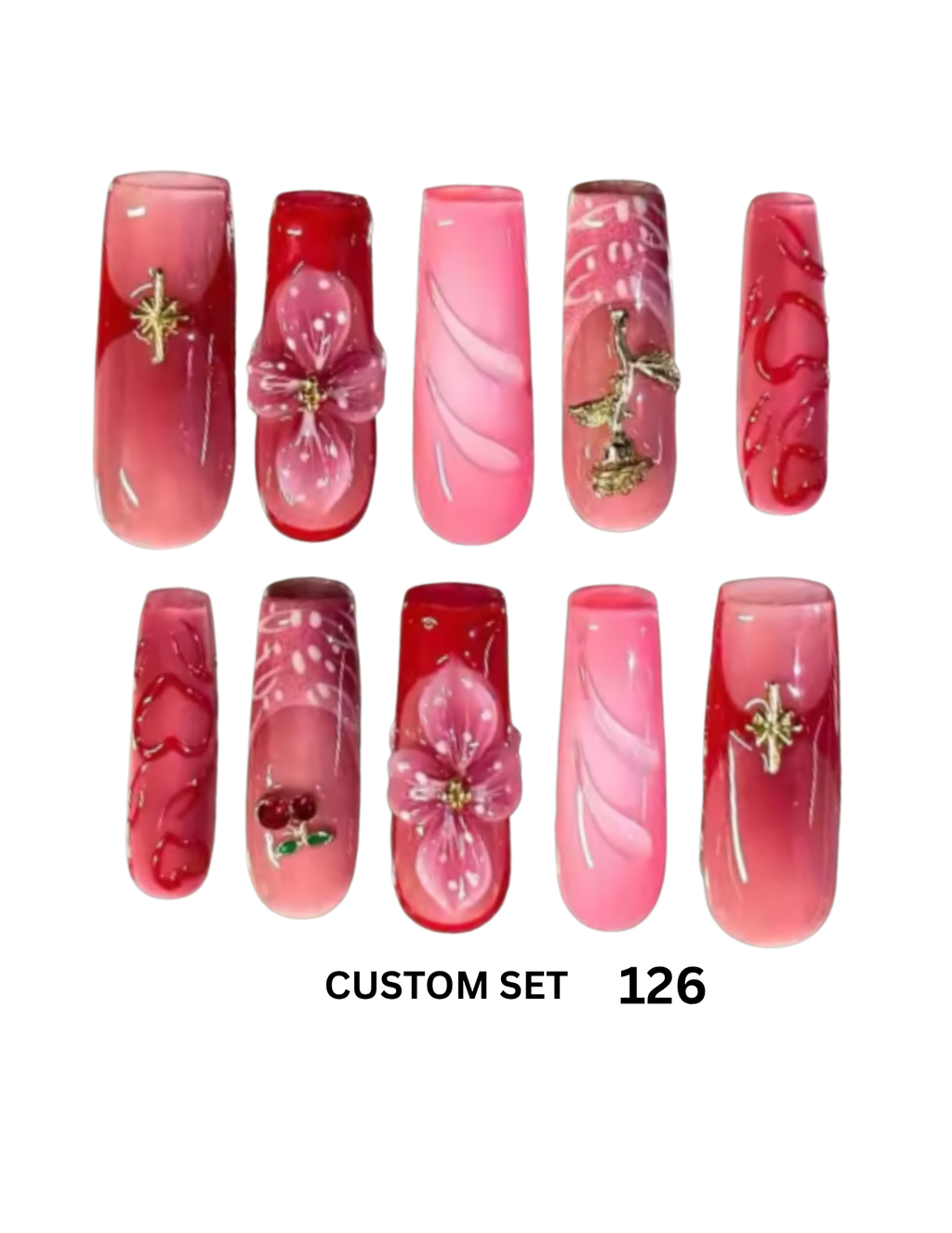 Ten pink and red press-on nails with decorative floral, swirl, and metallic embellishments. 