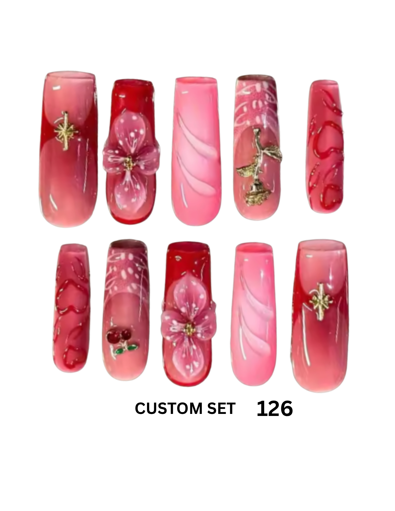 Ten pink and red press-on nails with decorative floral, swirl, and metallic embellishments. 