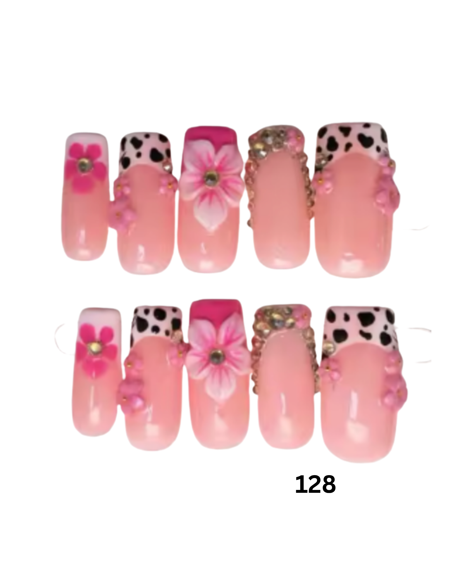 A set of 10 press-on nails. The nails feature a glossy light pink base with various decorative designs, including pink flowers, leopard print tips, and rhinestone embellishments.