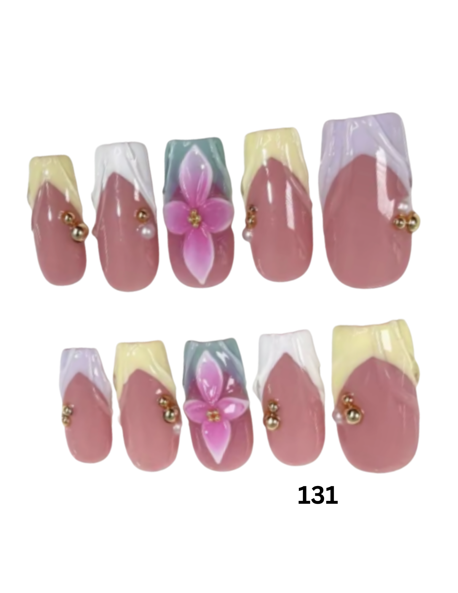 Set of 10 press-on nails featuring a pink and yellow French tip design with some nails decorated with a pink flower and small gold bead accents.