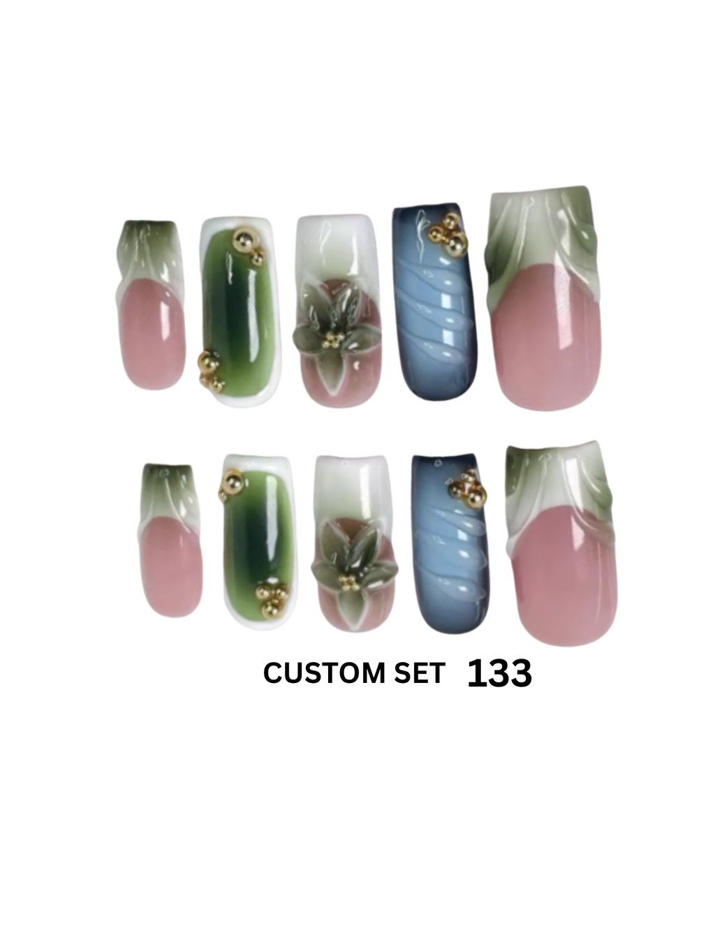 Custom press-on nail set featuring a variety of designs including green and pink gradients, blue and pink gradients, 3D leaves, and gold bead accents