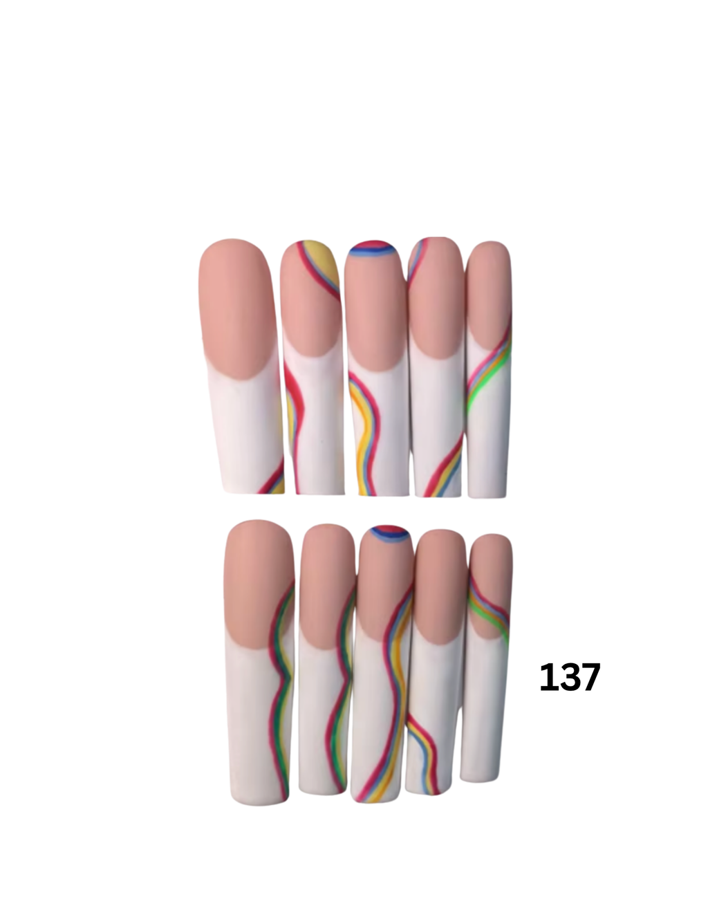 Press-on nails features a nude pink and white design with wavy multicolor lines
