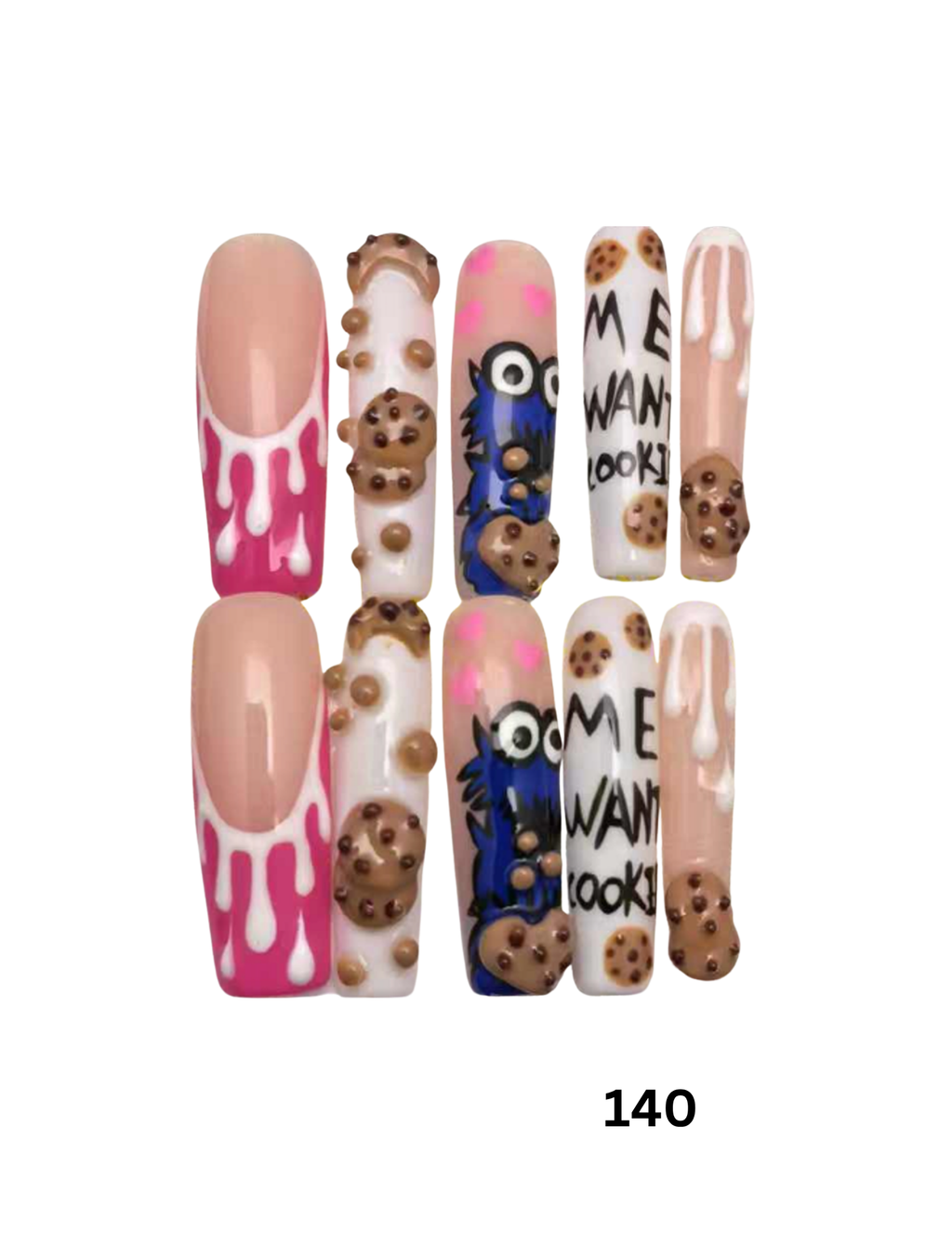 Press-on nails displayed featuring various designs including pink and white drip patterns, brown cookie details, and blue monster graphics. 