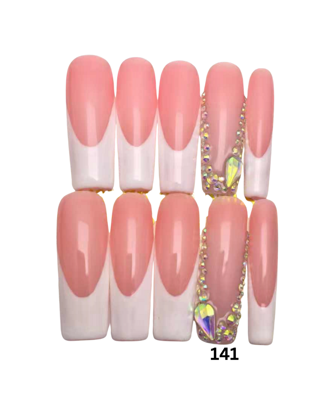 Ten false press-on nails. The nails have a glossy pink-to-white French tip design, with two nails decorated with gold rhinestone chains and iridescent gemstones.