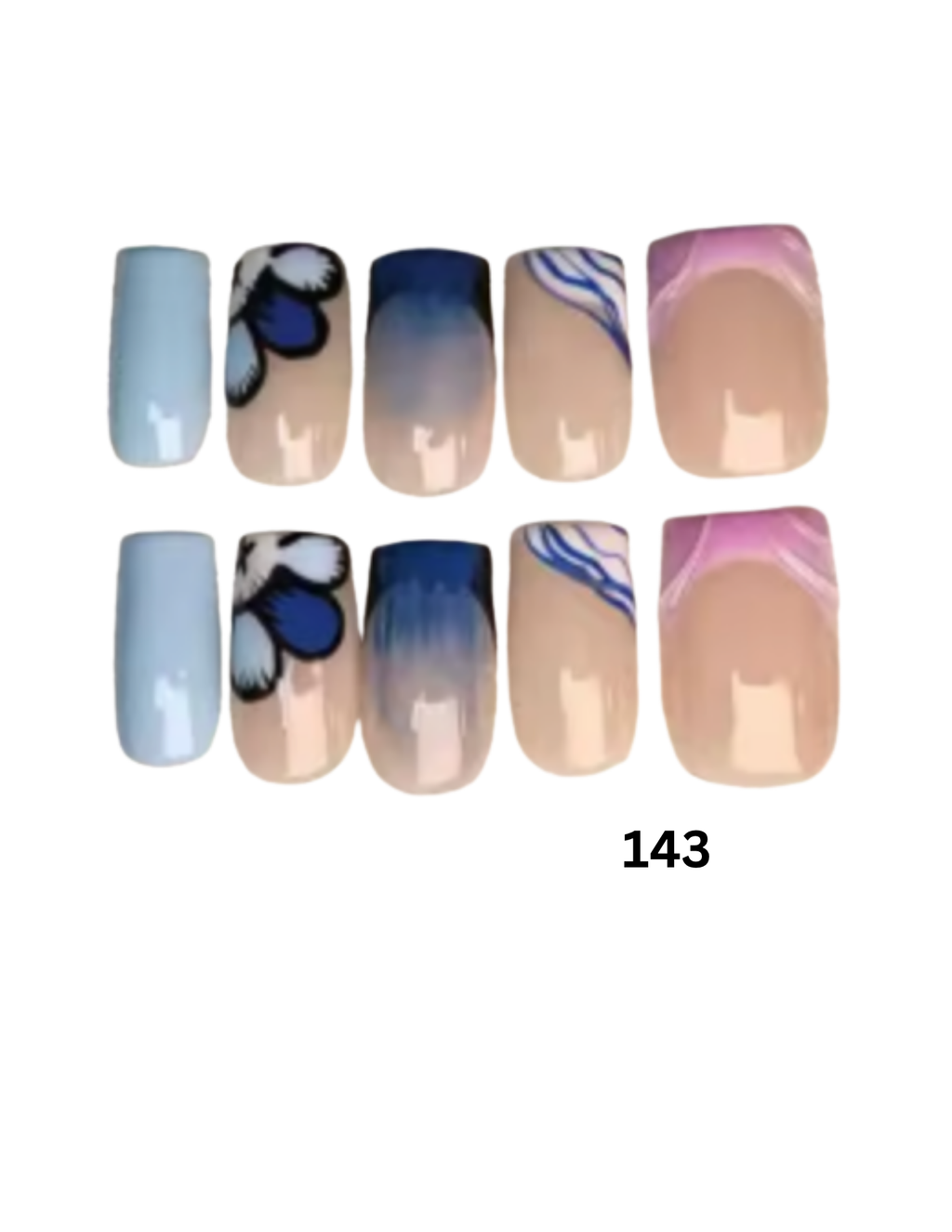 Press-on nails include solid pastel blue, beige with dark blue floral motifs, beige with blue ombre gradients, beige with blue swirls, and beige with pink and blue marbling.