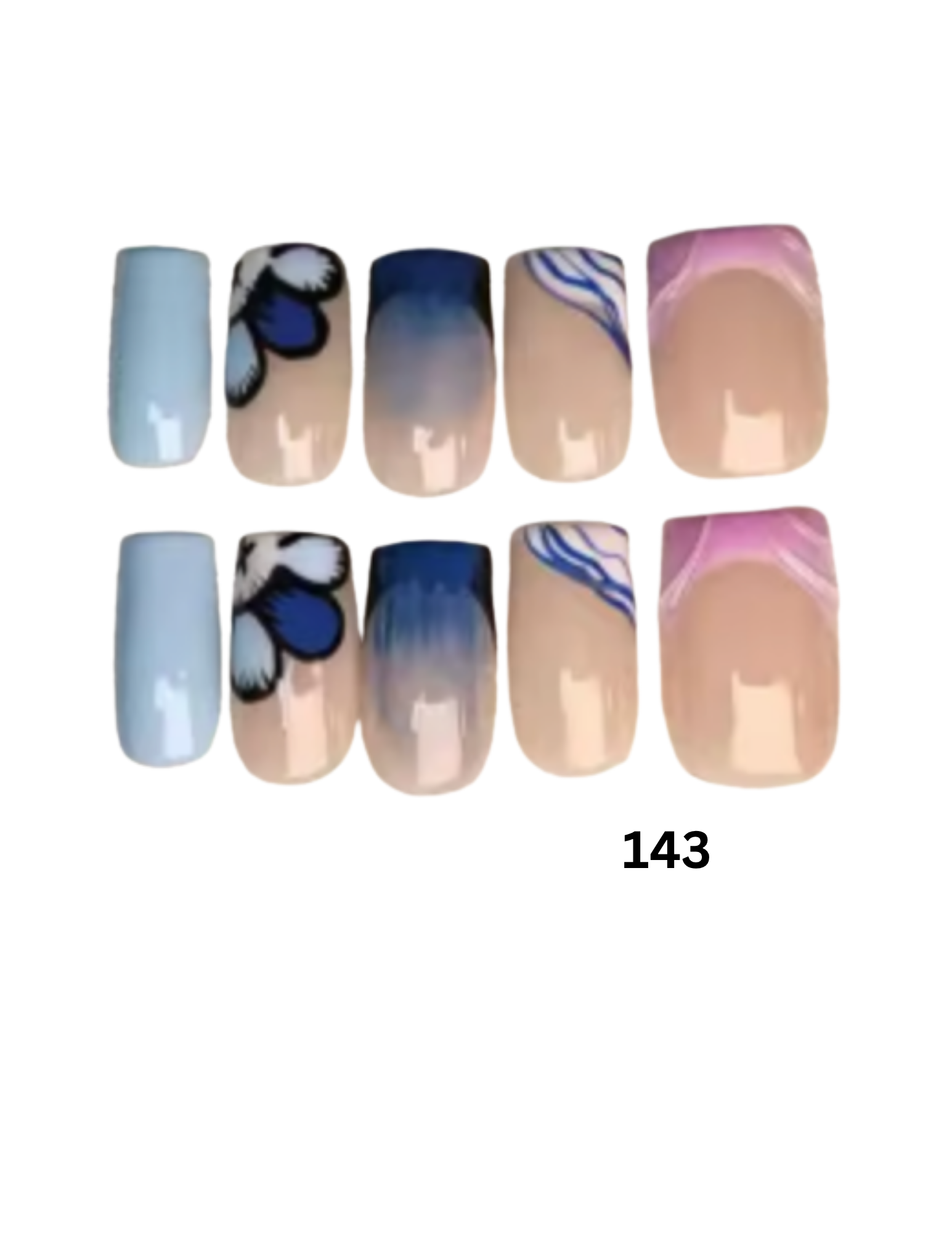Press-on nails include solid pastel blue, beige with dark blue floral motifs, beige with blue ombre gradients, beige with blue swirls, and beige with pink and blue marbling.