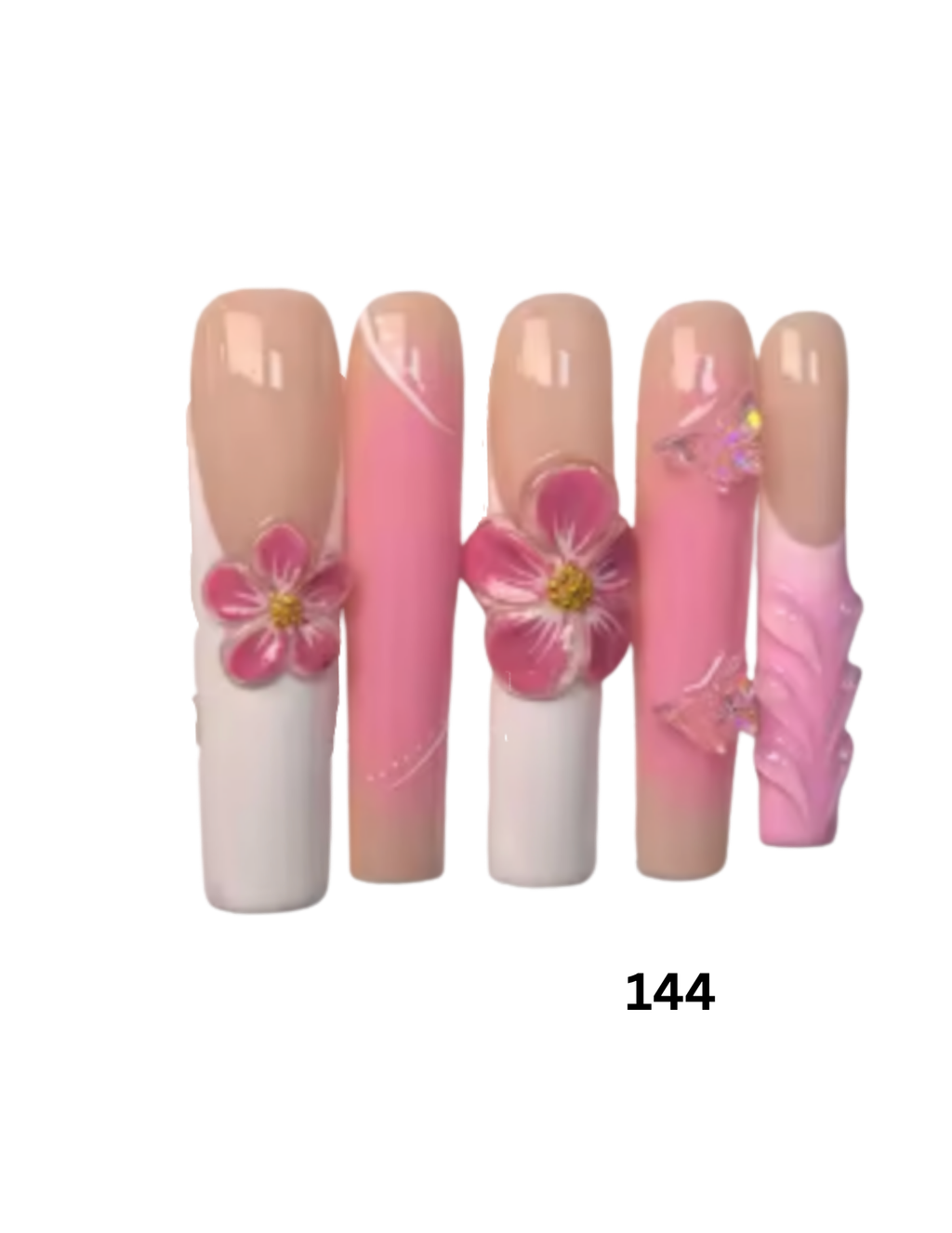 Press-on nails with pink and beige gradient designs, floral decorations, and 3D nail art