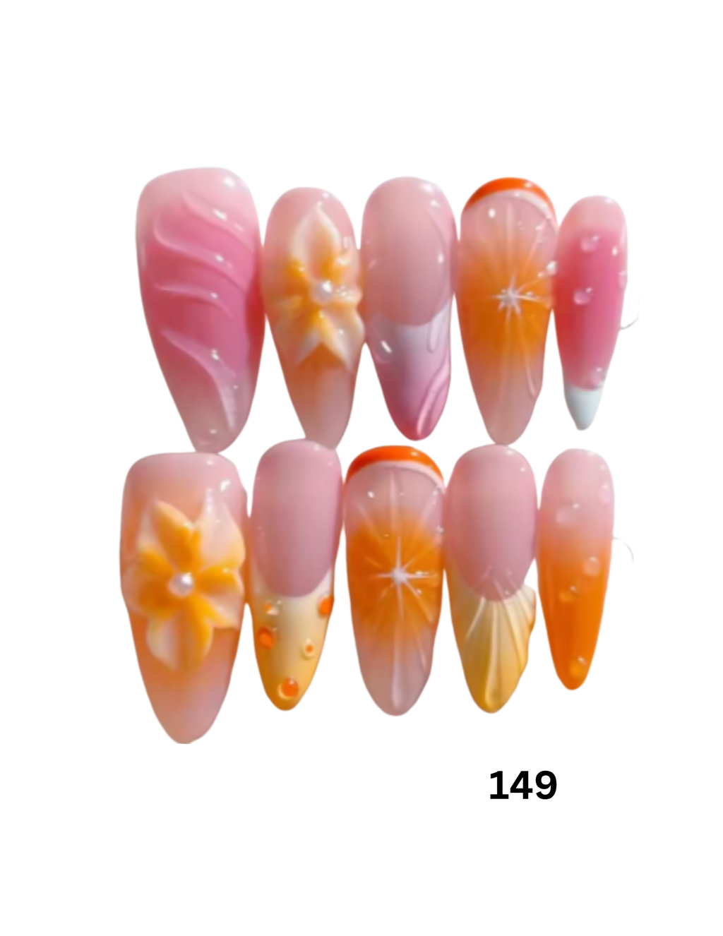 Press-on nails feature a glossy pink base with orange gradient tips, white floral accents, and small pearl details.