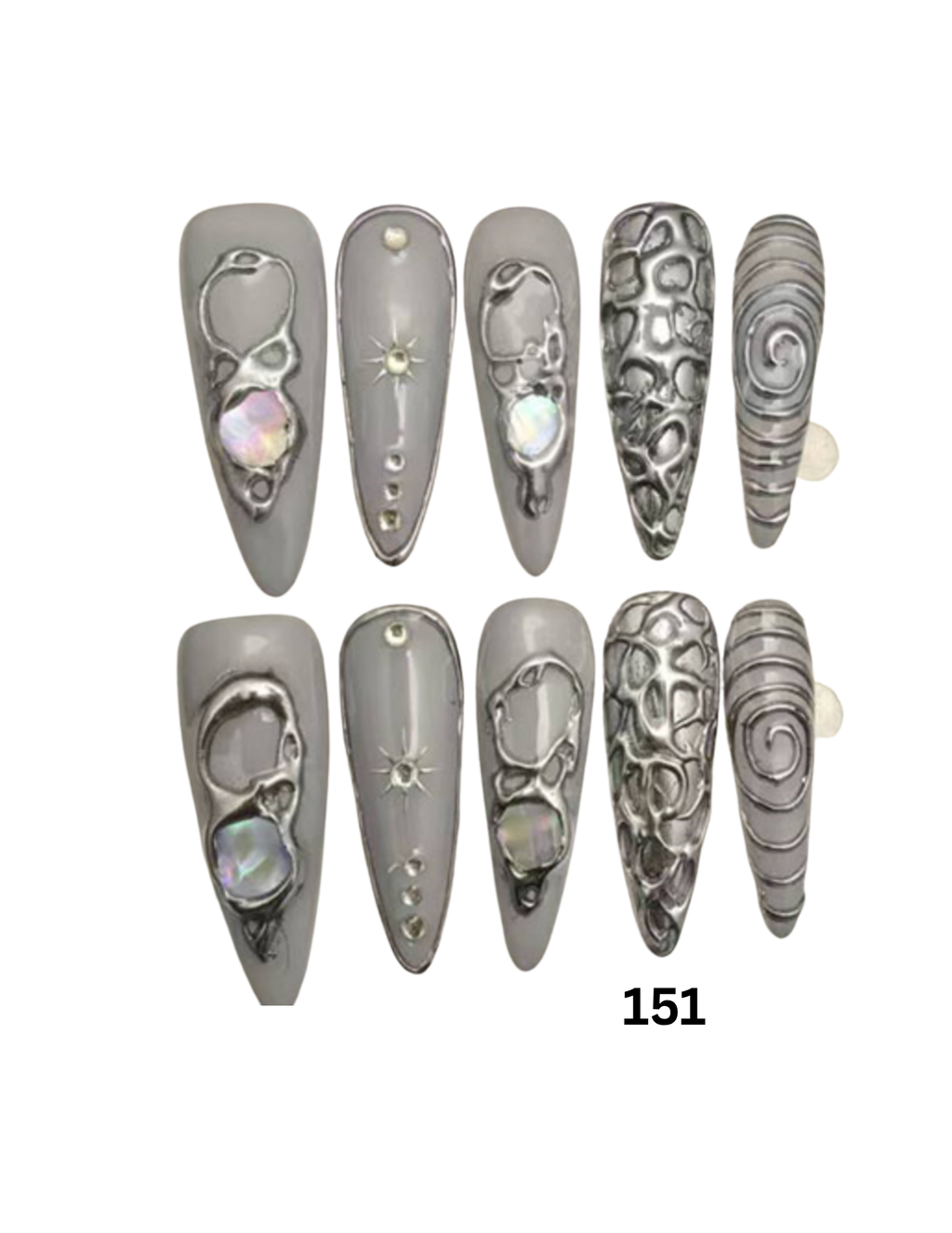 Gray coffin-shaped press-on nails with various silver metallic gothic designs, skull motifs, and iridescent pearl accents