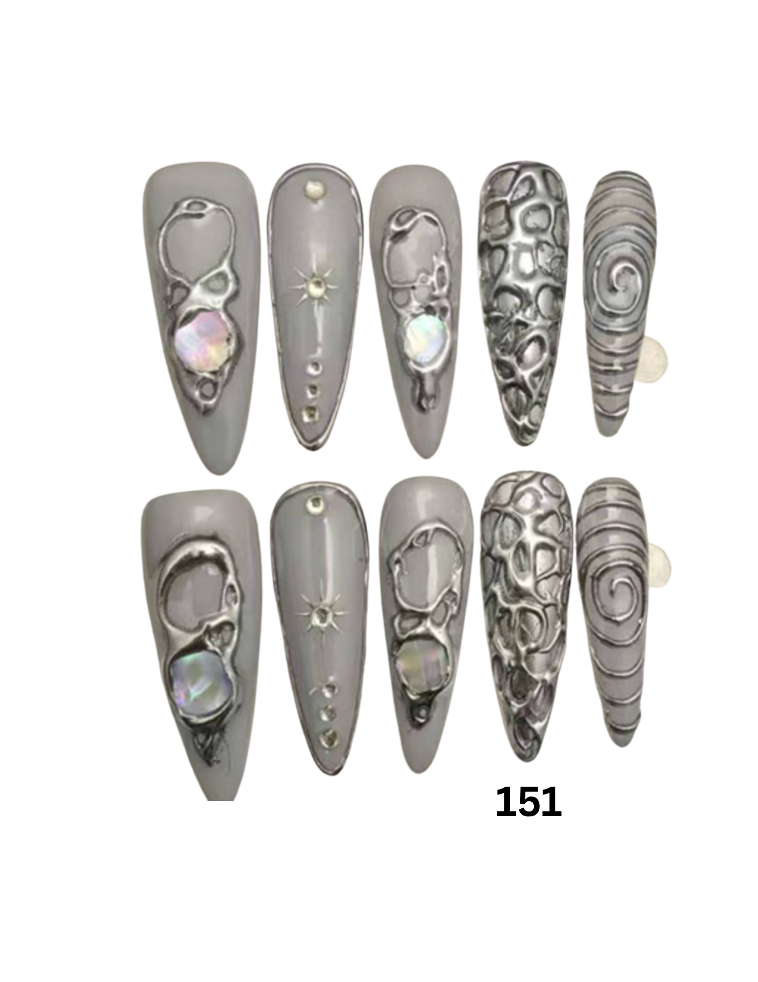 Gray coffin-shaped press-on nails with various silver metallic gothic designs, skull motifs, and iridescent pearl accents