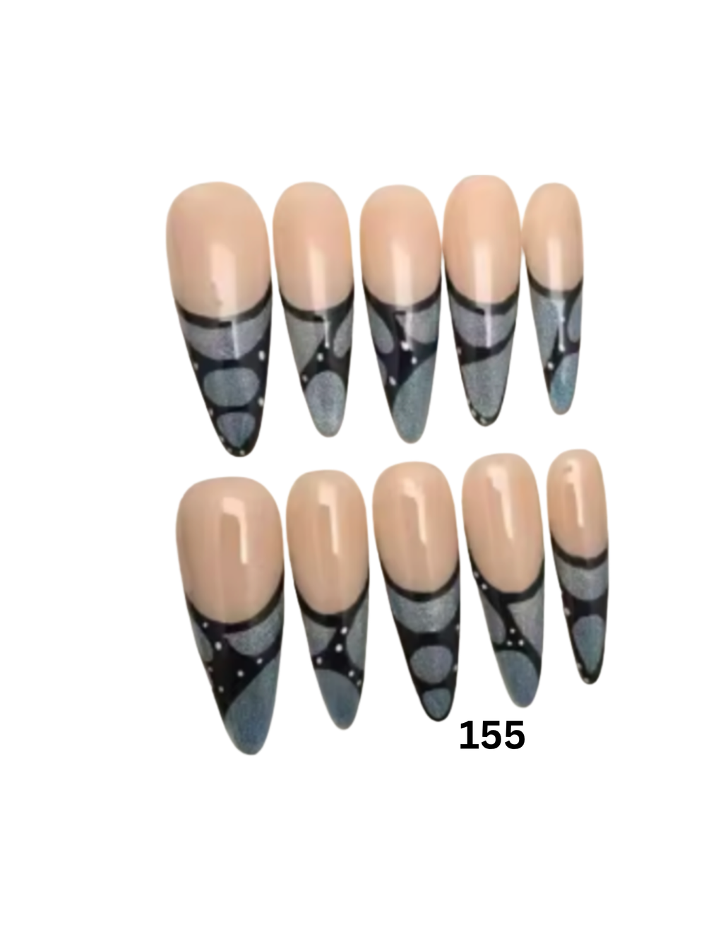 A set of 10 false press-on nails in a nude beige color with a black and gray lace-like pattern on the tips