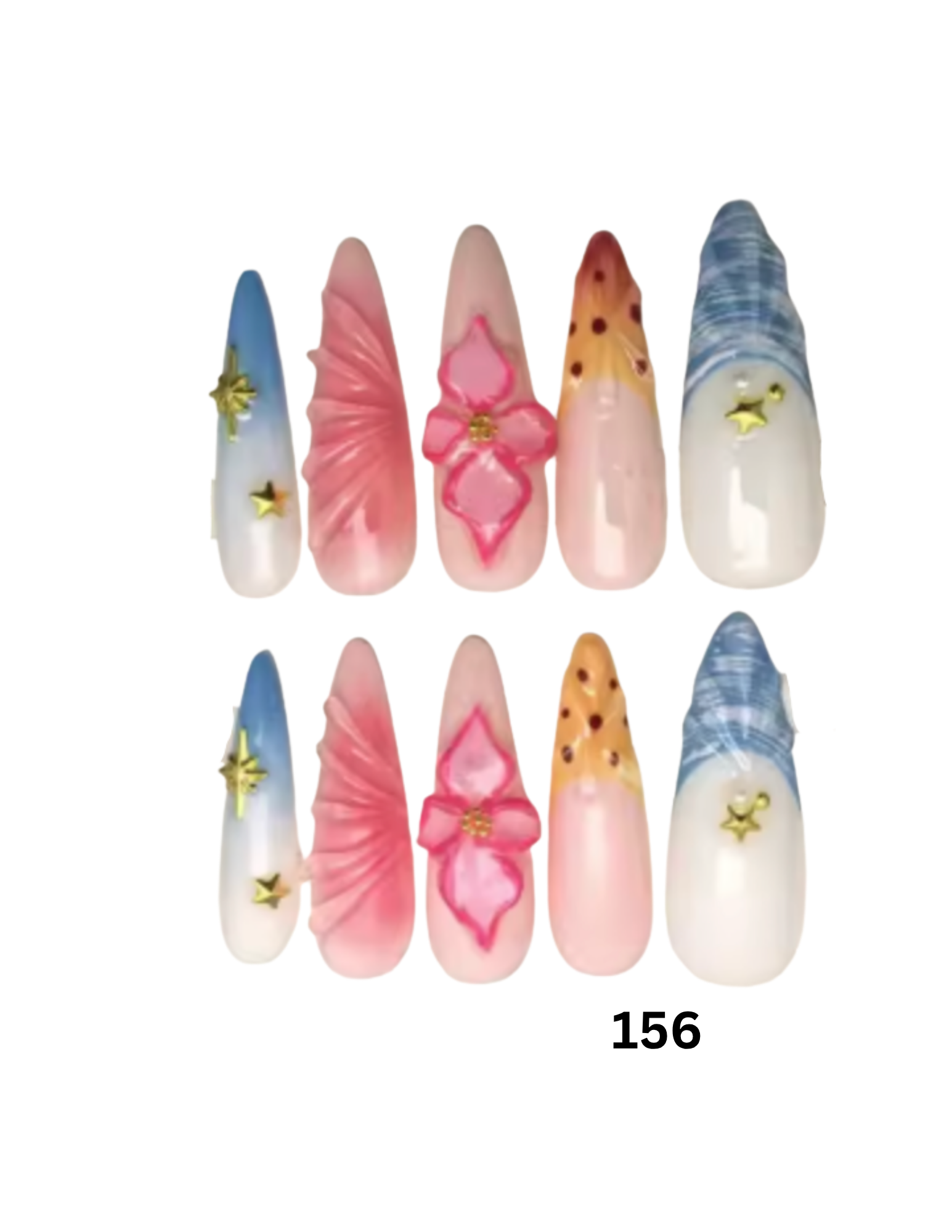Decorative press-on nails.  The nails feature pastel gradient designs, pink floral motifs, orange-and-white speckled patterns, blue-and-white striped tips, and small gold star embellishments.