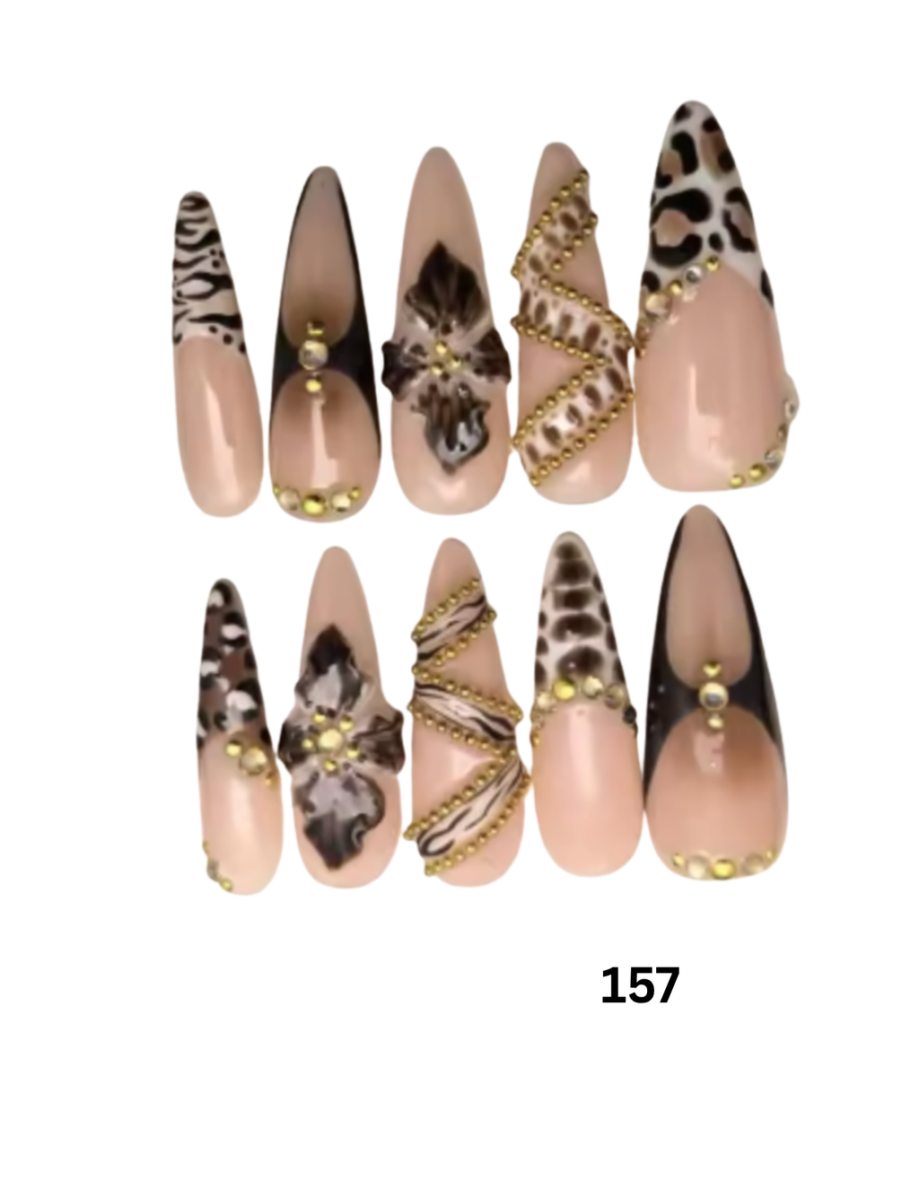 Set of 10 press-on nails in a nude beige and brown animal print pattern, featuring leopard spots, zebra stripes, and gold chain accents