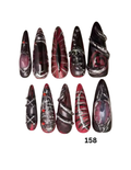 Ten coffin-shaped press-on nails with gothic designs in red, black, and silver, 
