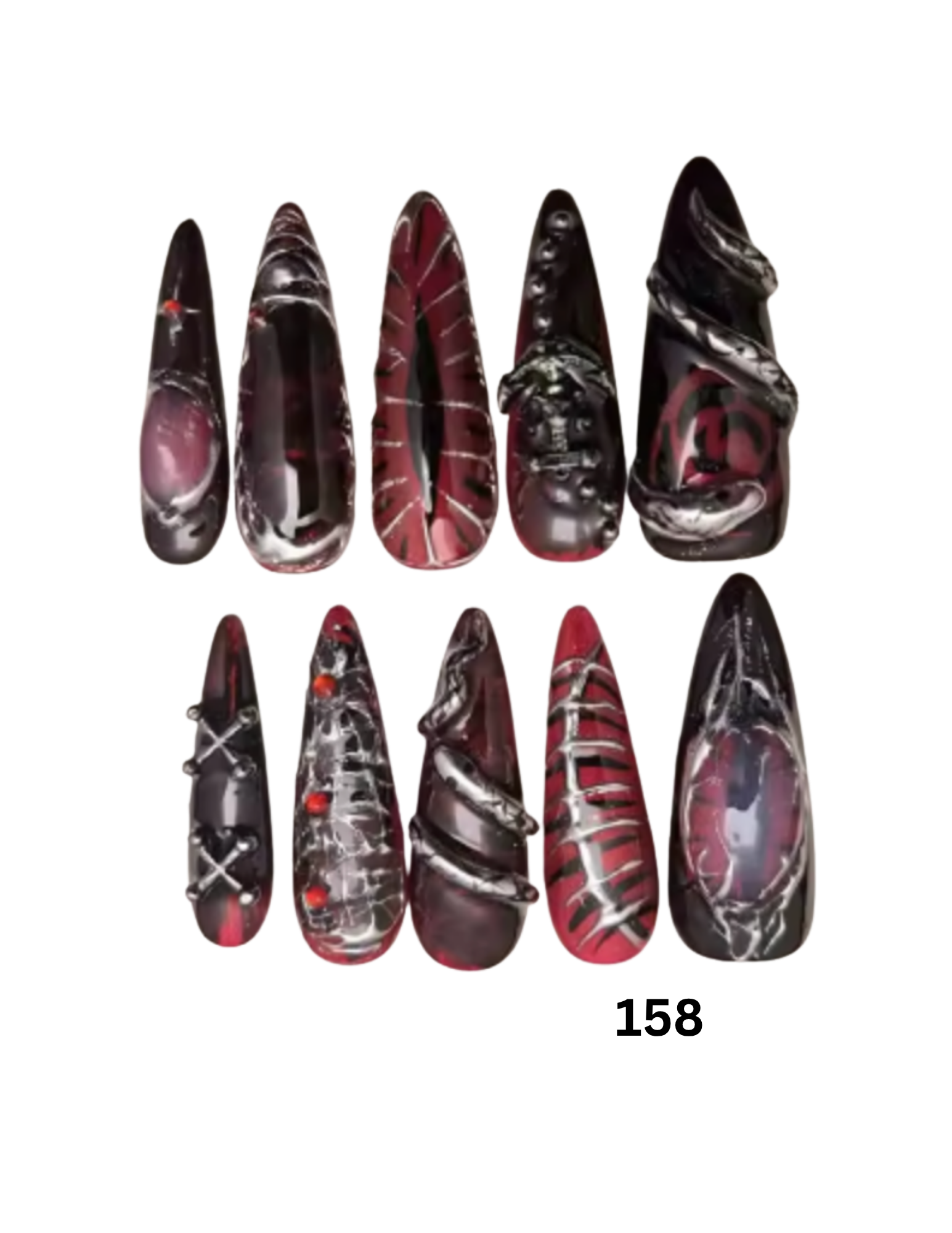 Ten coffin-shaped press-on nails with gothic designs in red, black, and silver, 
