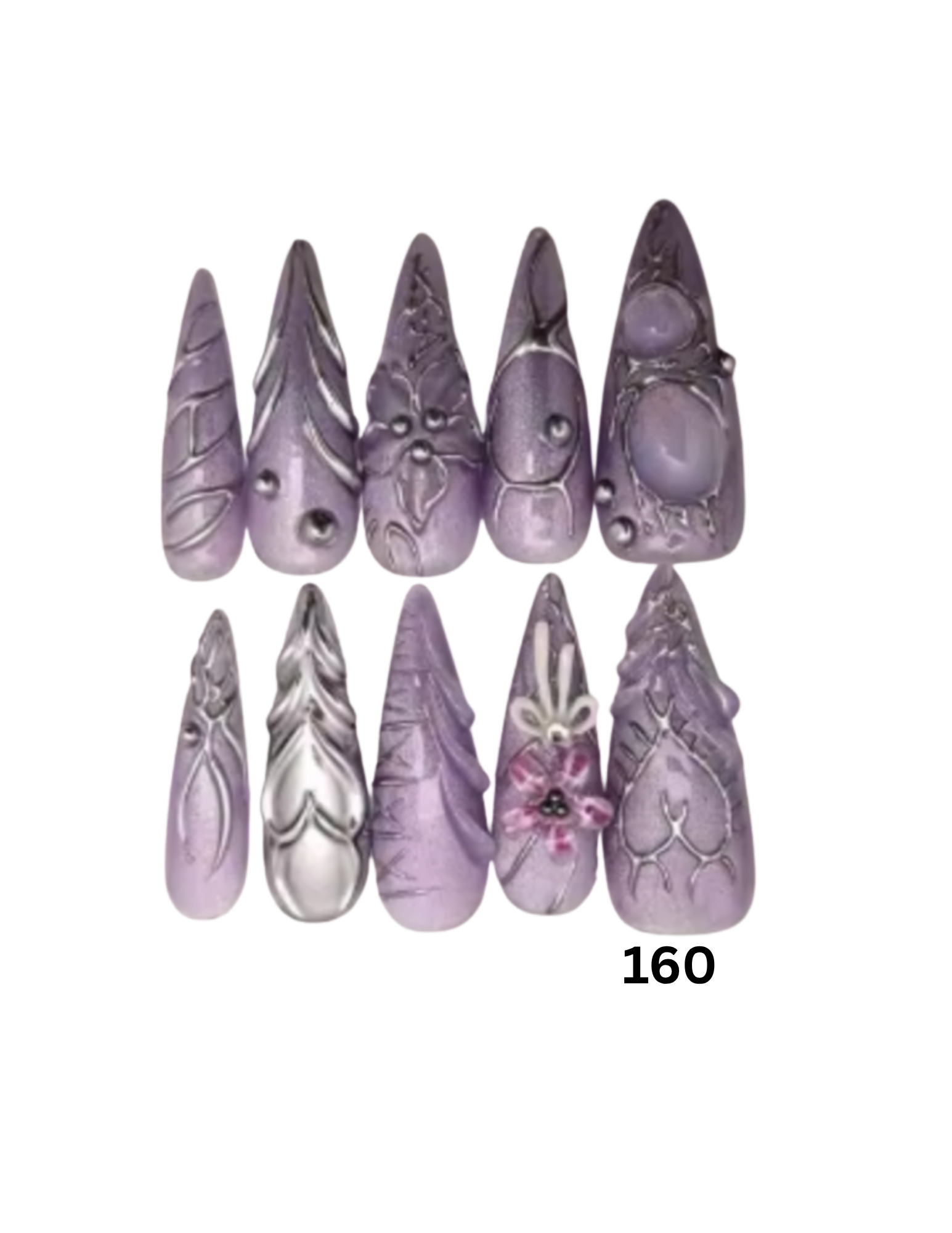 Sstiletto-shaped press-on nails in a lavender and silver metallic design