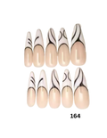 Set of 10 false press-on nails in a stiletto almond shape, with a white upper section and black abstract wavy lines. background with the number 164 below.