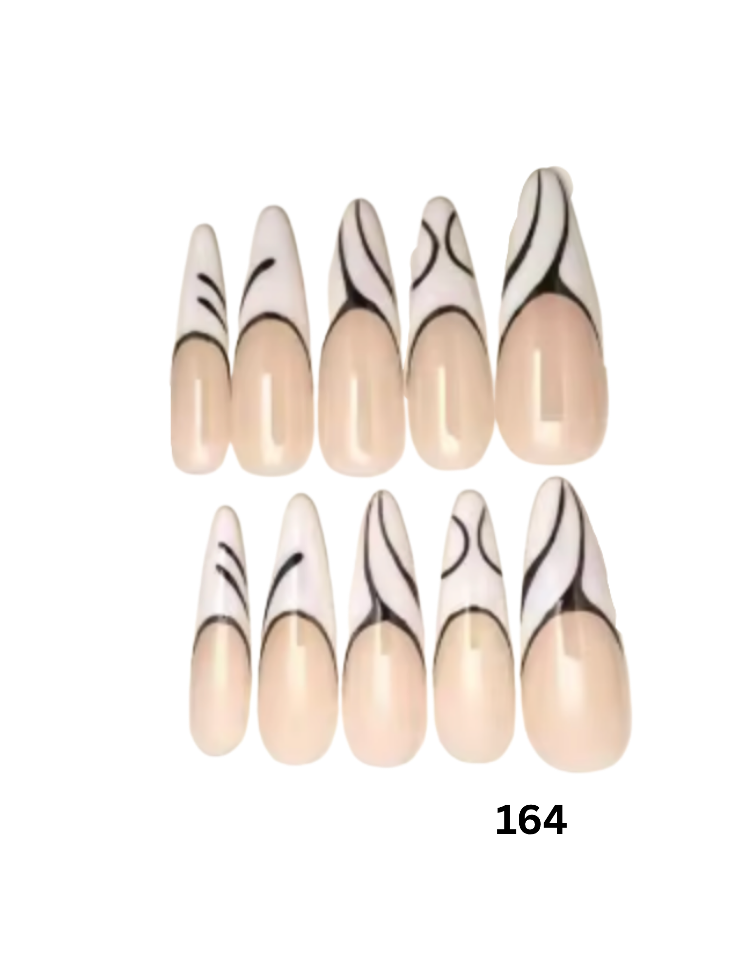 Set of 10 false press-on nails in a stiletto almond shape, with a white upper section and black abstract wavy lines. background with the number 164 below.