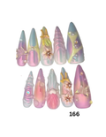 Set of 10 pointed almond-shaped press-on nails with pastel iridescent designs in pink, purple, blue, and yellow, decorated with pearls, flowers, and butterfly details