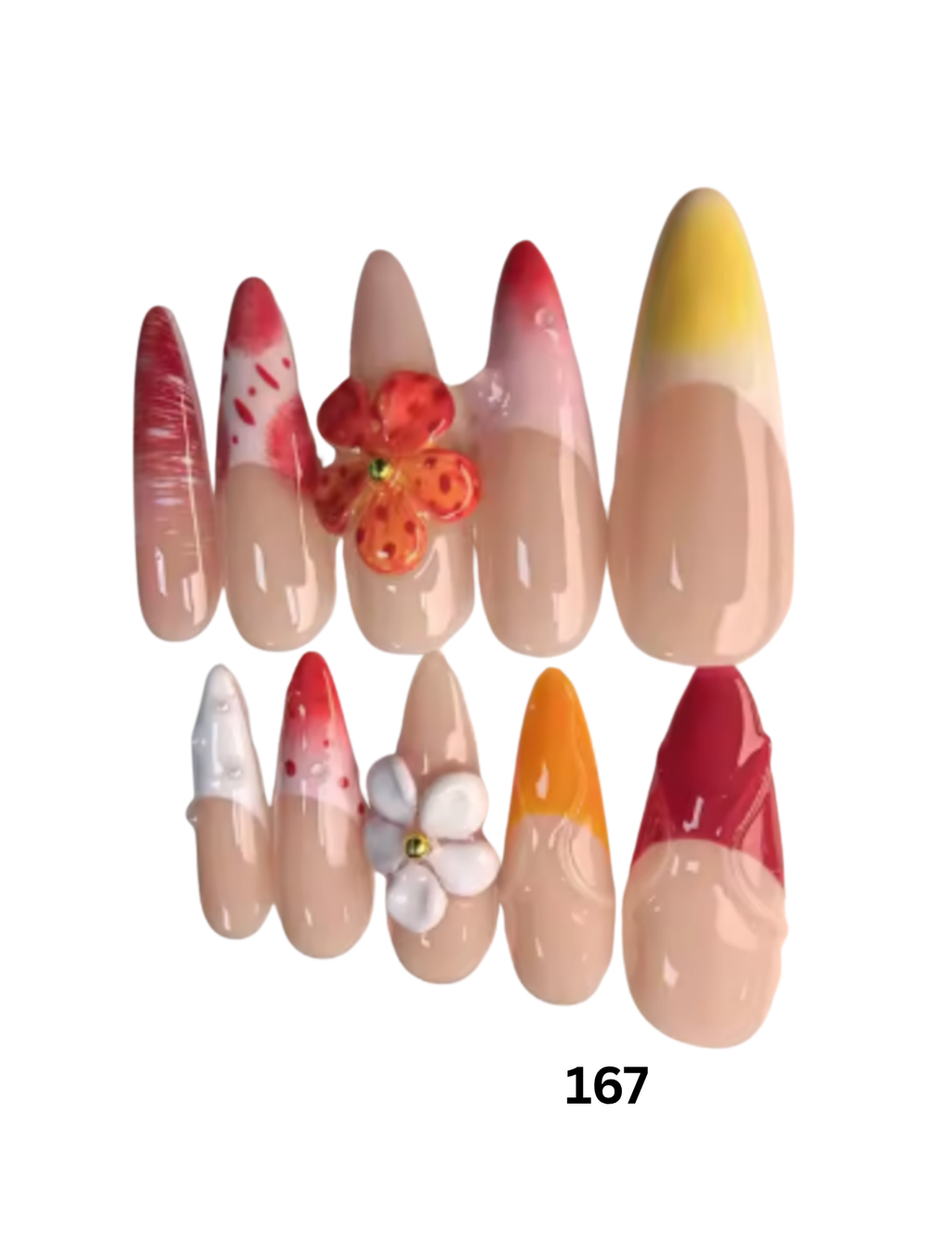 Set of 10 false press-on nails with various designs including solid colors, gradients, and 3D floral accents