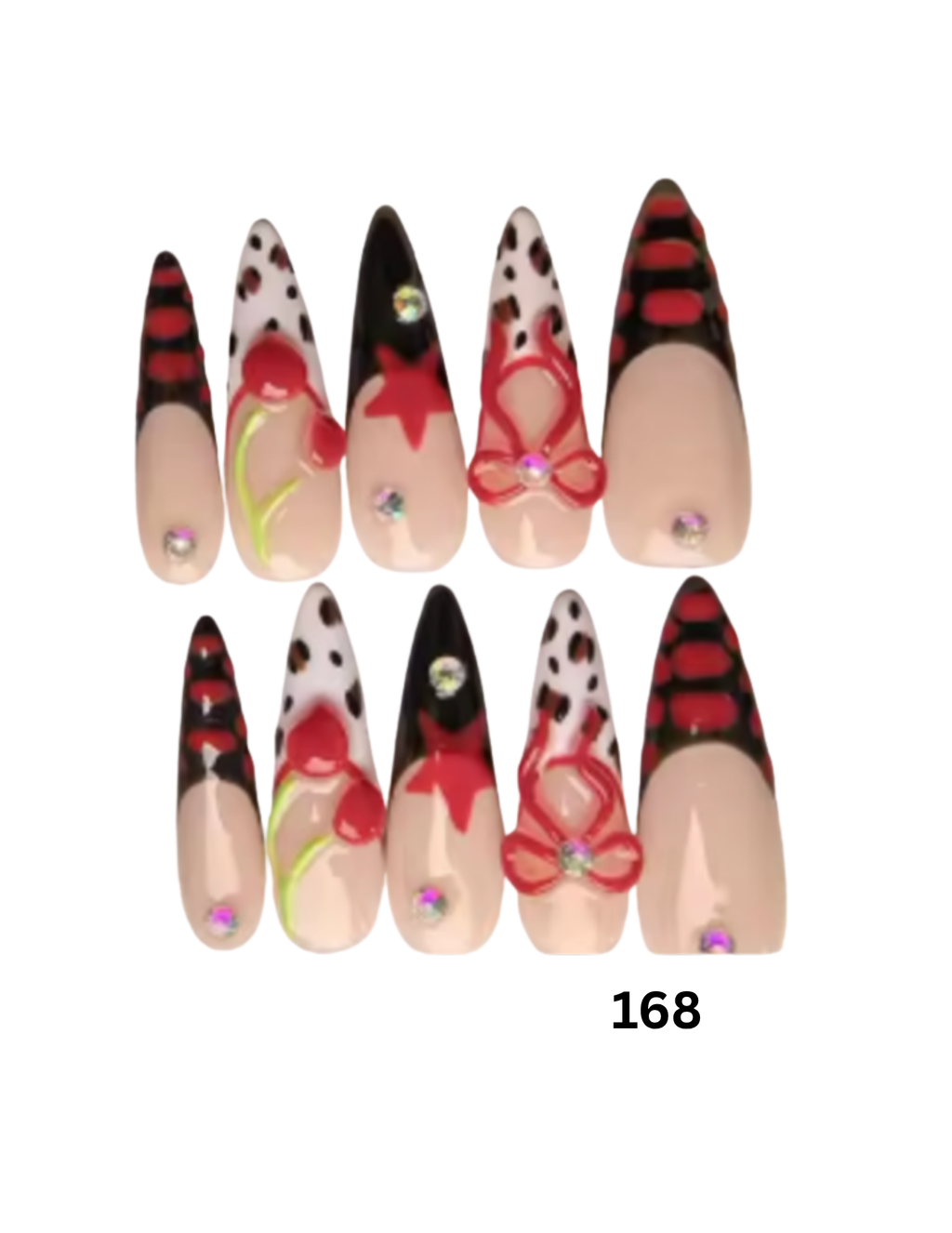 Set of 10 long stiletto press-on nails with a beige base, black and red striped tips, leopard print sections, and red embellishments.