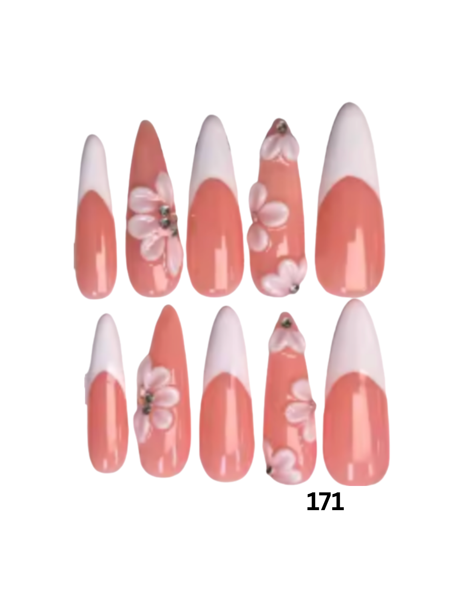 Ten almond-shaped press-on nails. The nails feature a glossy peach-pink French tip design with white lower tips and some decorated with 3D floral elements.