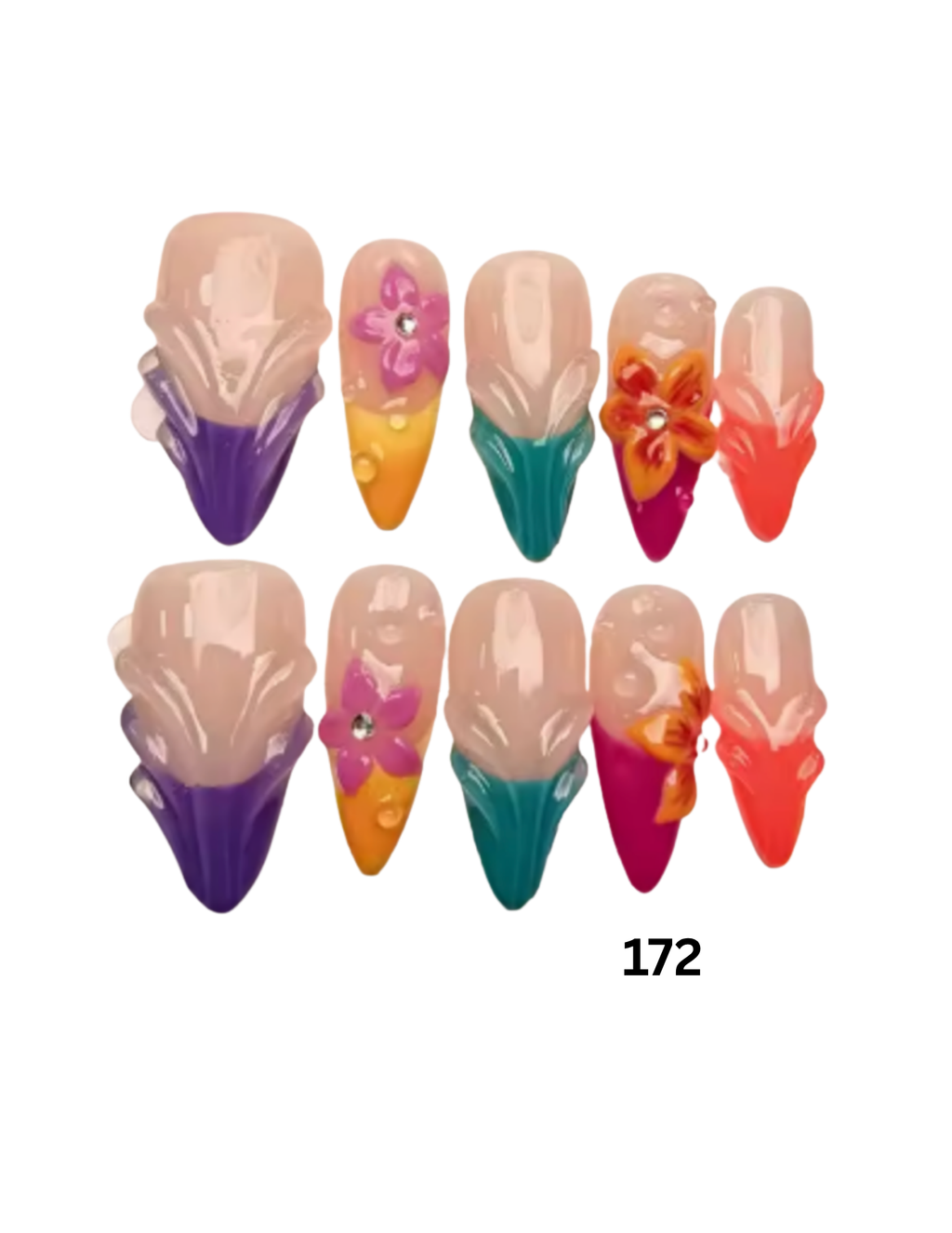 Ten decorative press-on nails. The nails have a glossy nude-pink base with colorful sculpted lower sections in purple, yellow, teal, magenta, and coral, plus small flower and gem details.