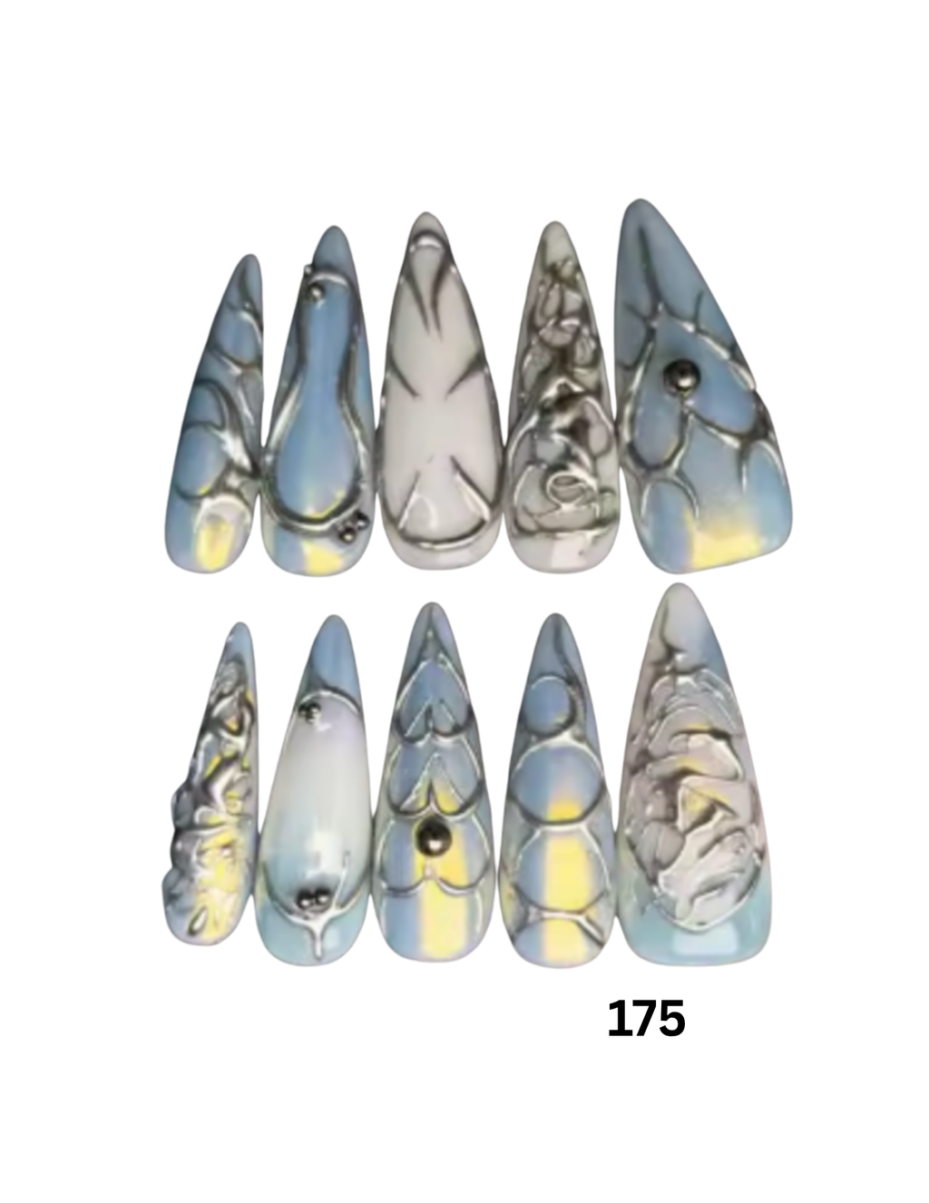 Ten stiletto-shaped press-on nails arranged  featuring a marbled pattern of light blue, white, gray, and soft yellow with metallic gold vein details and small black dots. 