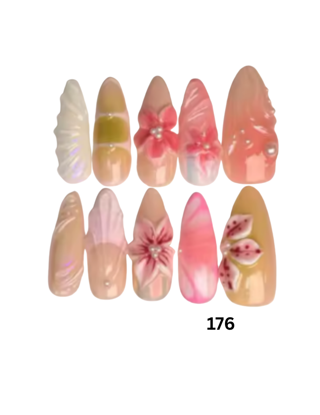 Ten artificial press-on nails featuring pastel pink, peach, beige, and white designs with floral and shell-like details. 