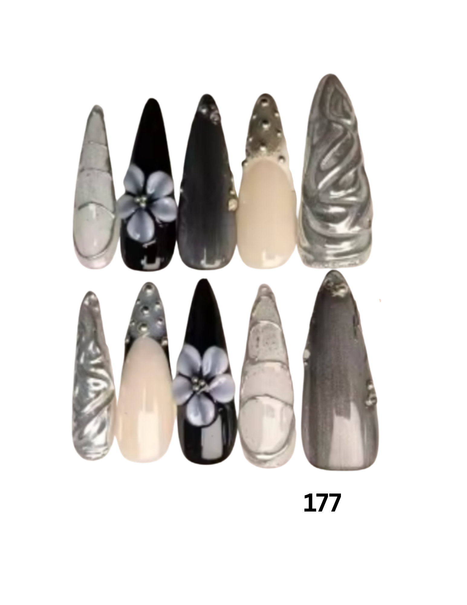Ten artificial press-on nails. The nails feature various designs including metallic silver, black, glossy nude, and marble patterns, with two decorated with 3D floral nail art.