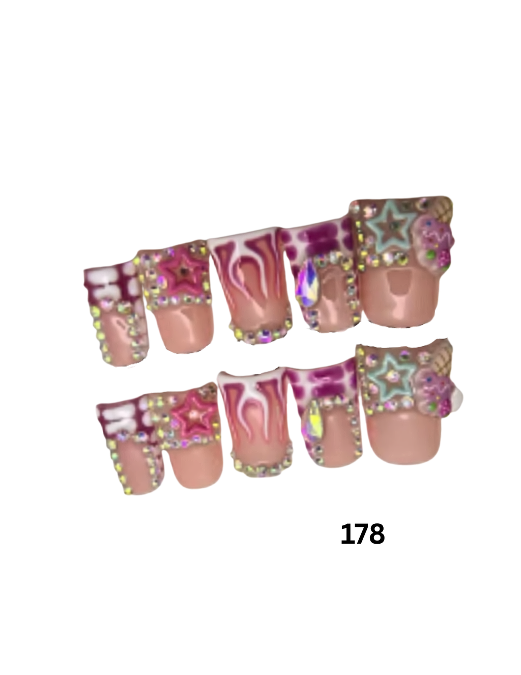 Decorative press-on nails  featuring pink and white flame designs with rhinestones, holographic star accents, and pastel-colored embellishments.