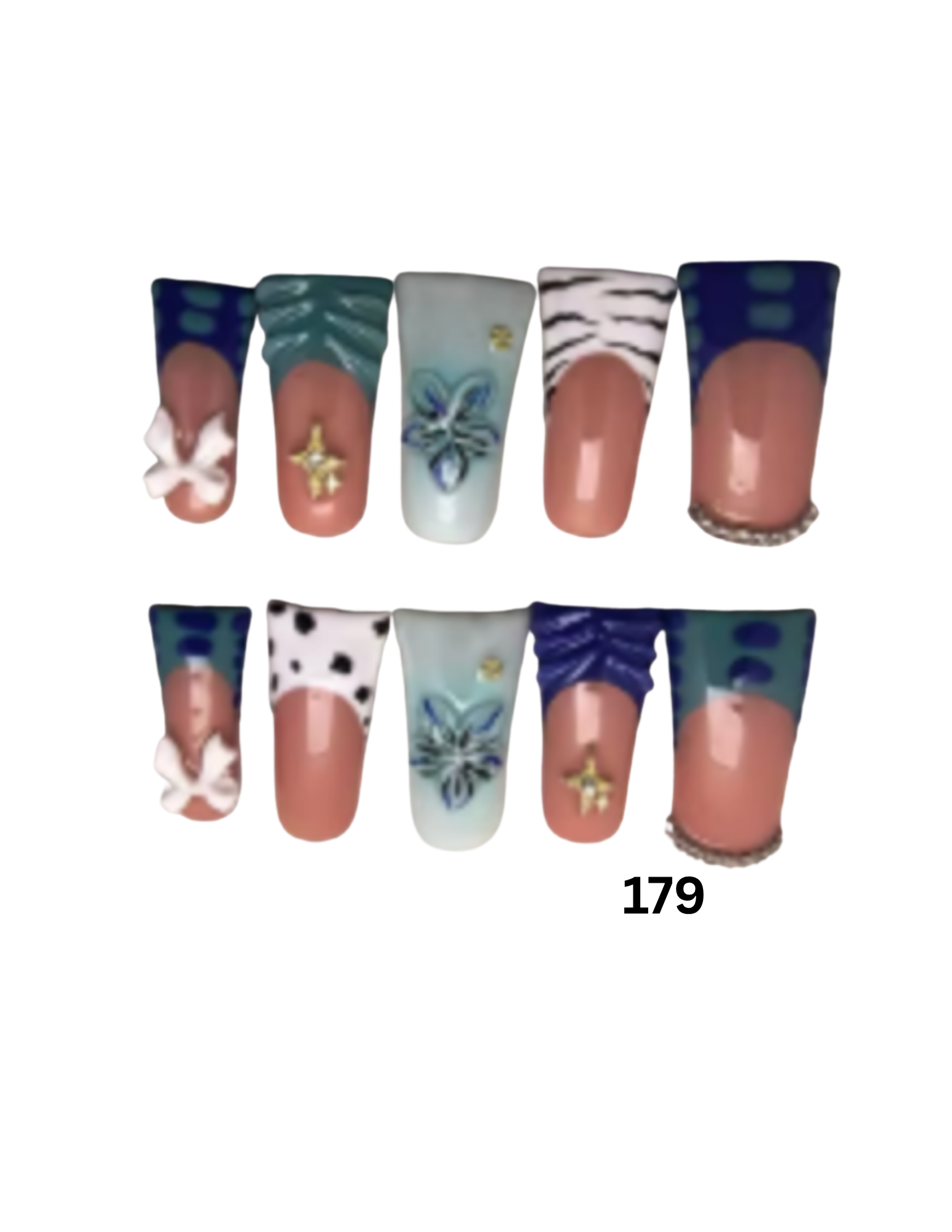 Ten-piece press-on nail sets featuring a mix of solid nude pink, teal, white, and blue designs with floral and geometric patterns. 