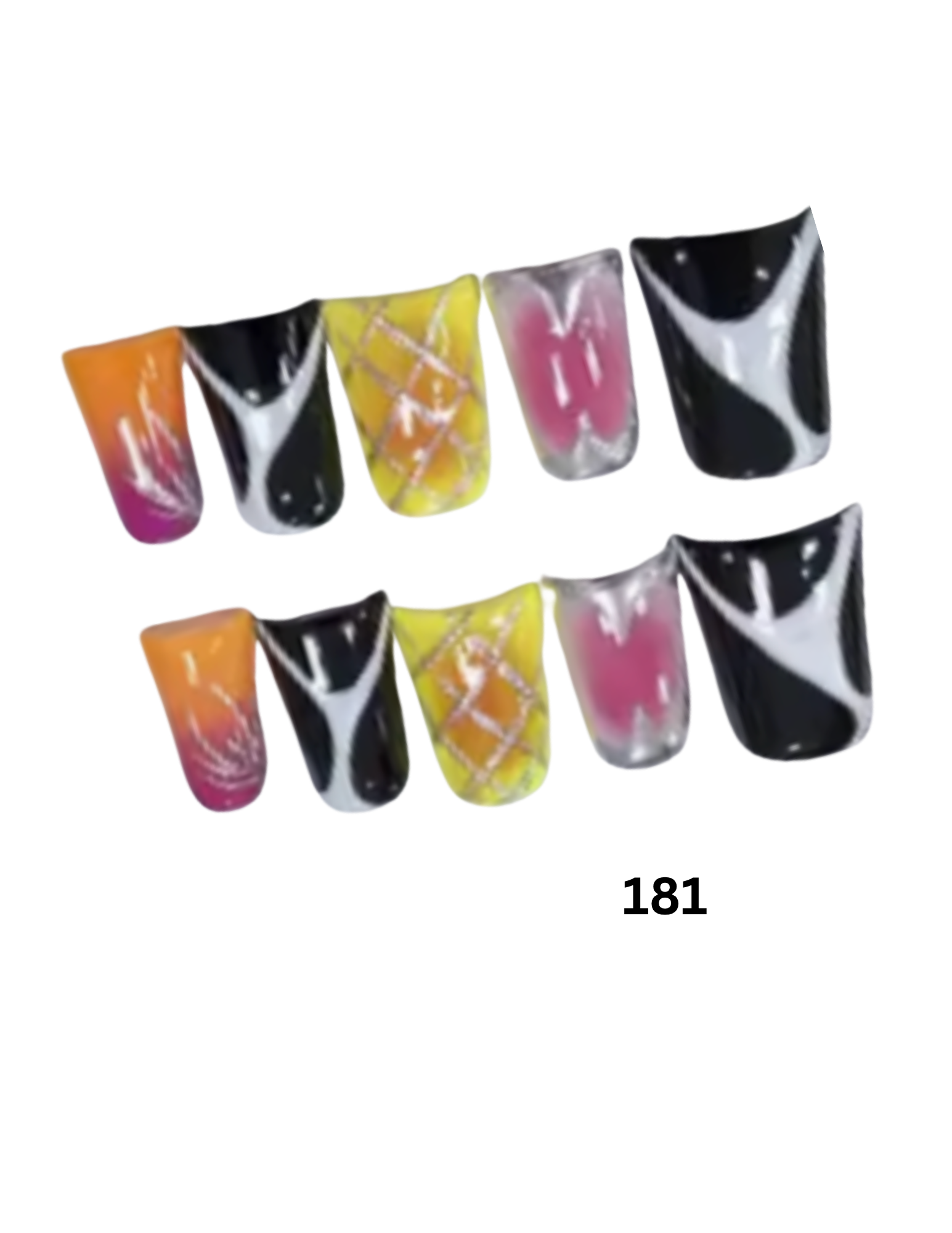  press-on nails.  The designs include orange-to-pink gradients, black-and-white marbled patterns, yellow-and-white geometric patterns, and pink-and-silver designs.