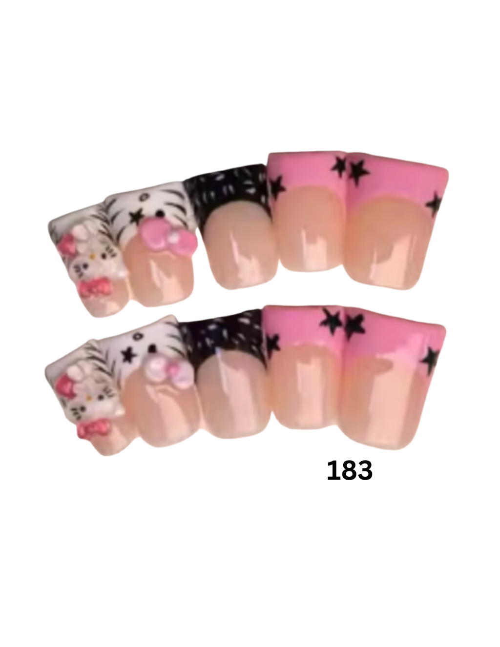 . The nails have a glossy nude-peach base, bright pink tips with black star designs, and one accent nail featuring a white cat illustration with black stripes and a pink bow.