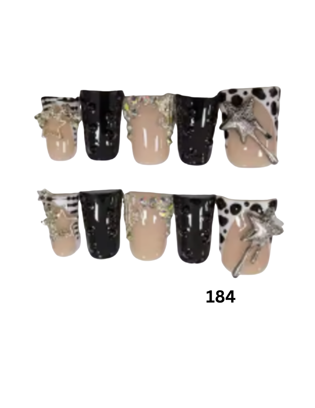The top set features beige nails with leopard print and glitter accents, while the bottom set features black glittery nails with beige tips and leopard print ends.