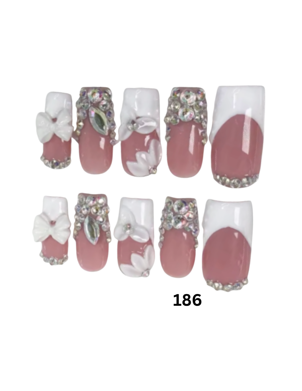 Set of 10 press-on nails with a pink and white French manicure design, embellished with rhinestones and white flower details, 