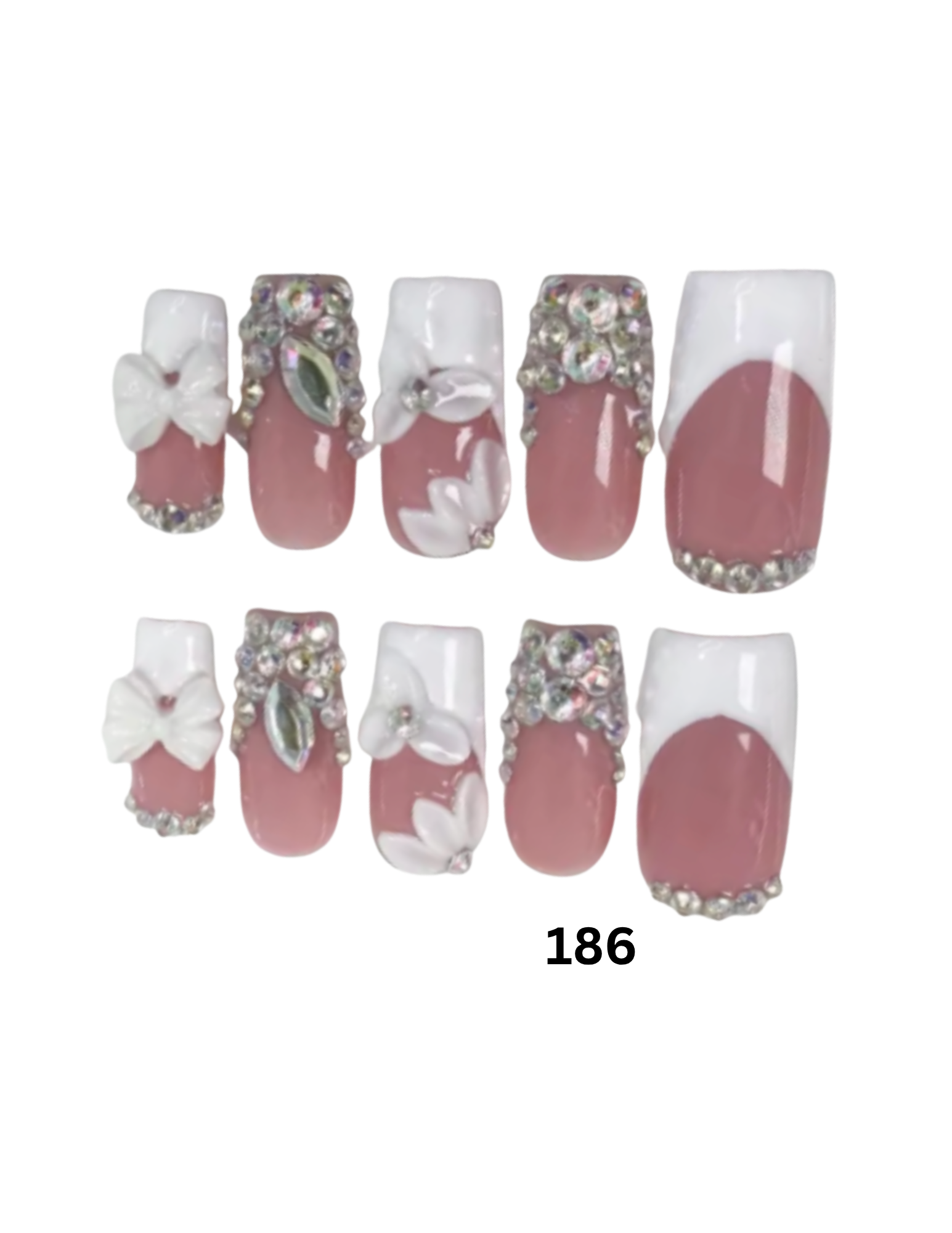 Set of 10 press-on nails with a pink and white French manicure design, embellished with rhinestones and white flower details, 