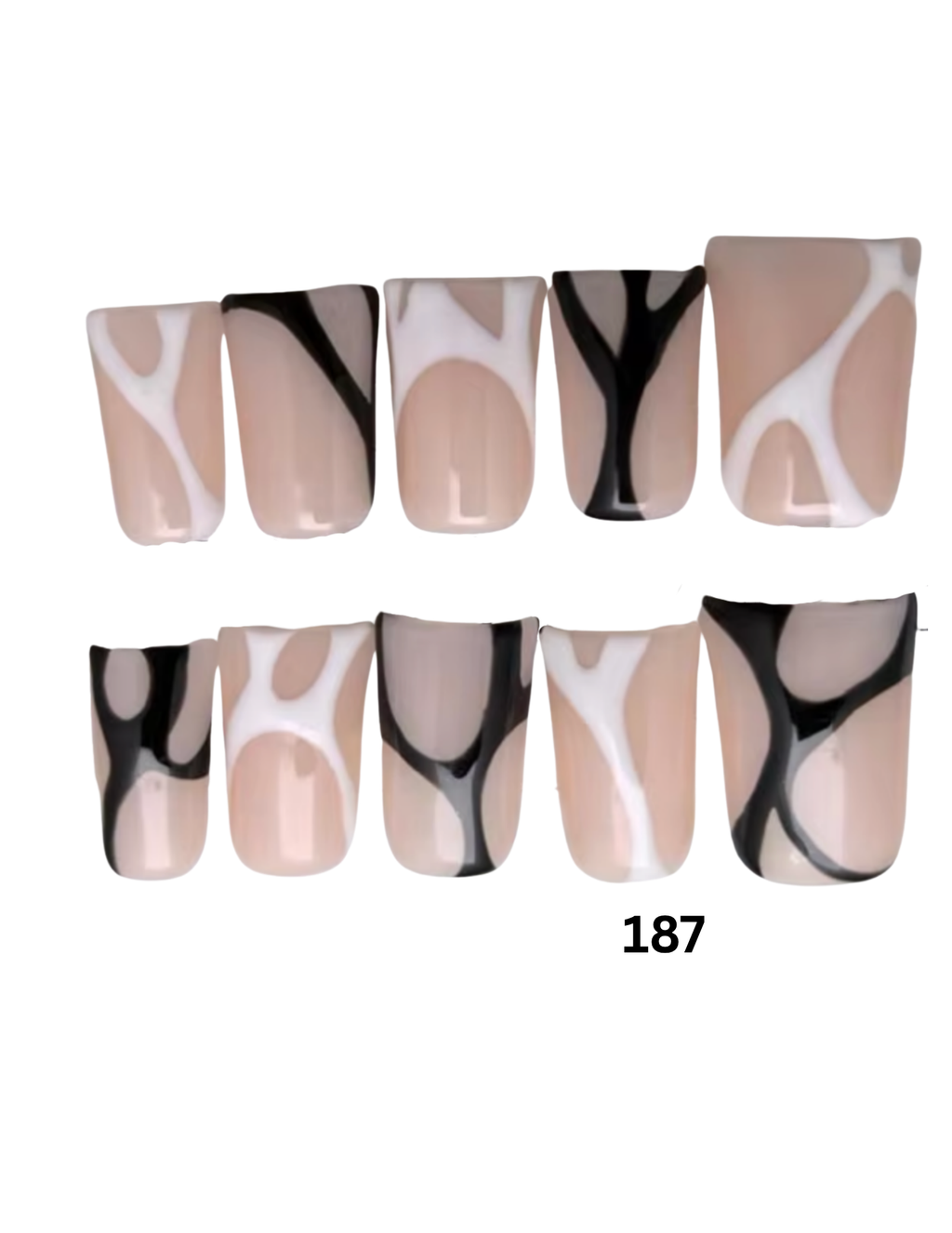 Ten press-on nails with an abstract marbled pattern in beige, white, and black