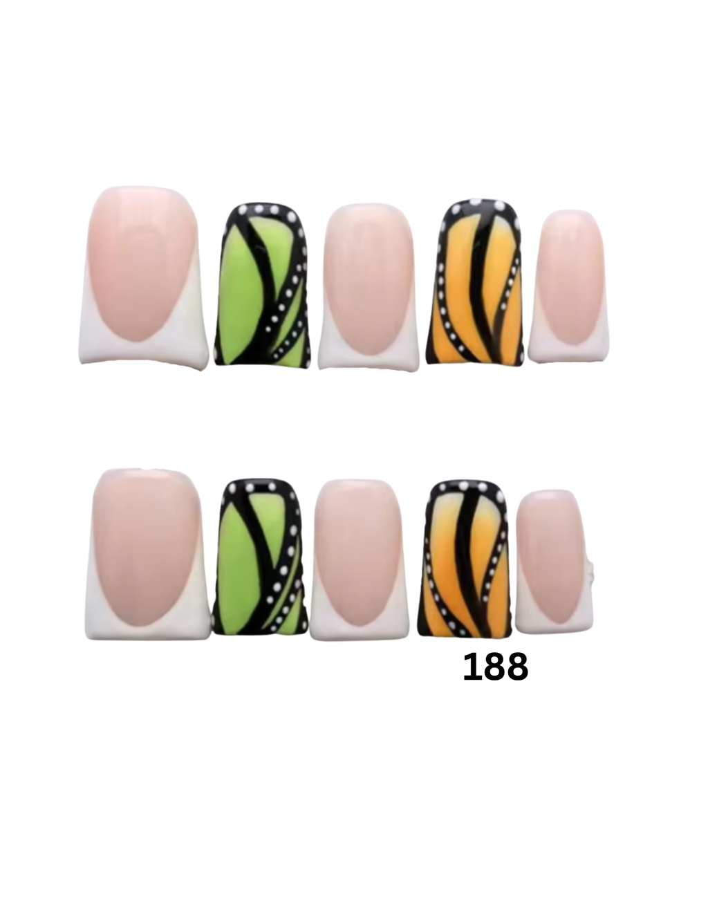 False press-on nails shown. The nails have a glossy nude-pink base with white French tips on four nails, and two nails feature a black, white, and orange striped pattern resembling a butterfly wing.