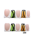 False press-on nails shown. The nails have a glossy nude-pink base with white French tips on four nails, and two nails feature a black, white, and orange striped pattern resembling a butterfly wing.