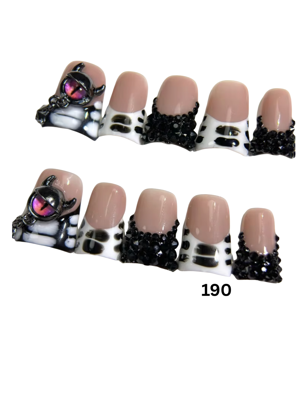 Two sets of press-on nails  featuring nude pink tips, black beaded French tips, and one gothic-style nail with a skull and crossbones design. 
