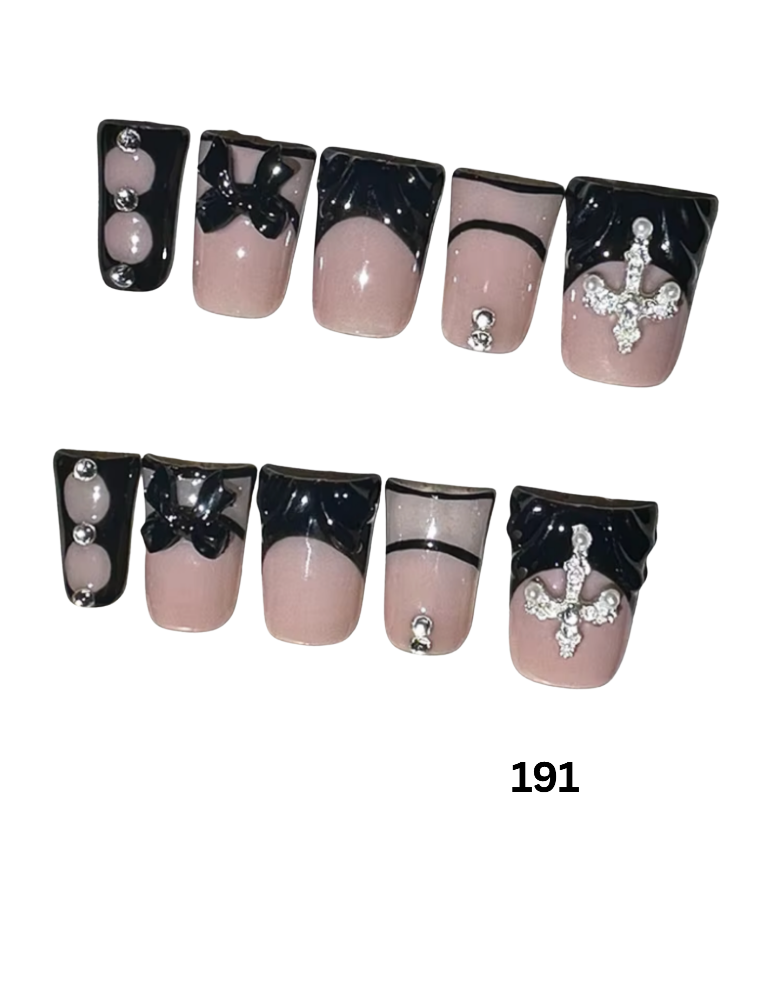 Set of 10 press-on nails with a black and pale pink French manicure design, decorated with rhinestones, bows, and a silver cross on one nail.