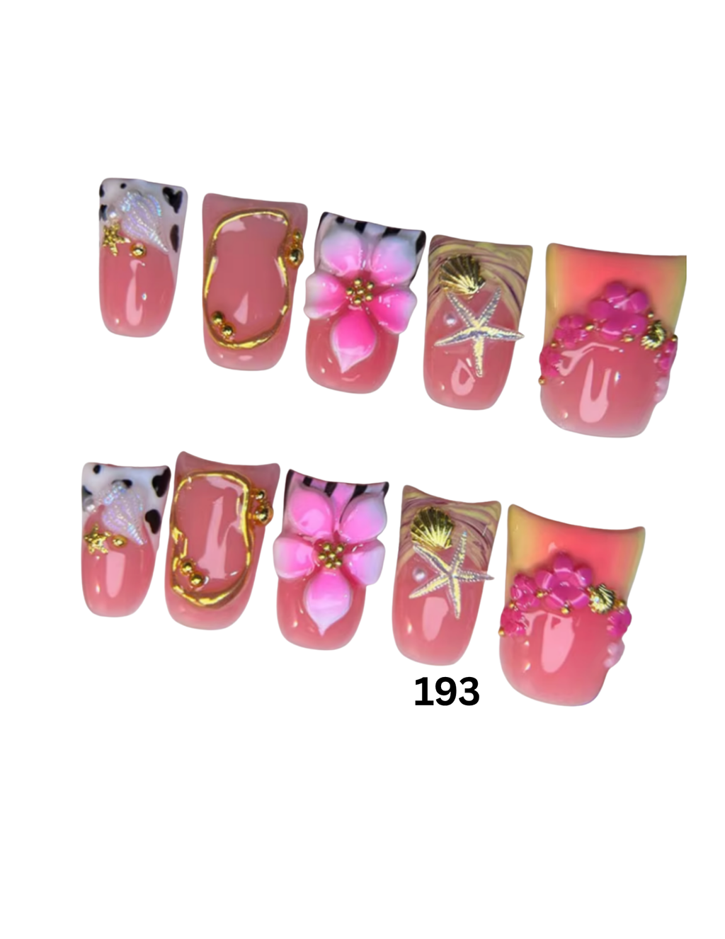 Ten decorative press-on nails The nails are glossy pink with floral, shell, and leopard-print embellishments.
