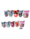 Ten decorative false nail tips The nails feature glossy mauve, pink, orange, blue, black, and silver embellishments including rhinestones and charms.