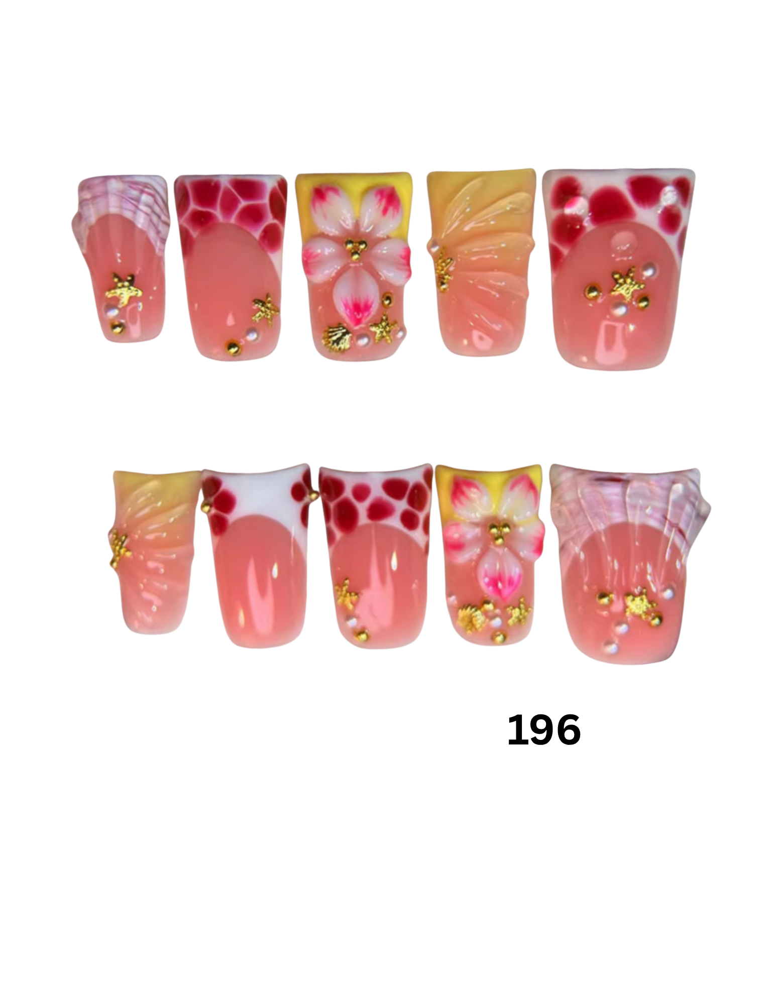 Ten decorative false nail tips featuring pink and peach tones with floral, polka dot, and metallic gold embellishments. 