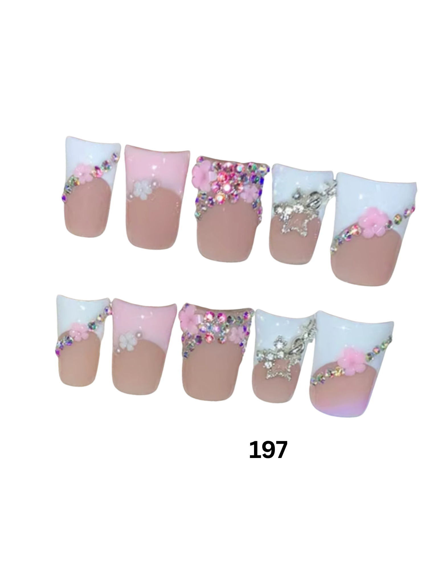 Ten decorative press-on nails. The nails feature a French manicure with pink and white gradient tips, pastel pink and white gradient tips, rhinestone embellishments, glitter, and small flower details.