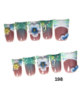 A set of 10 decorative press-on nails. The nails feature a gradient design transitioning from pinkish-brown at the bottom to mint green and teal at the top, decorated with 3D flowers, rhinestones, and small charms.